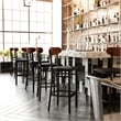Pemberly Row Metal Barstool with Seat and Wood Boomerang Back in Black/Walnut