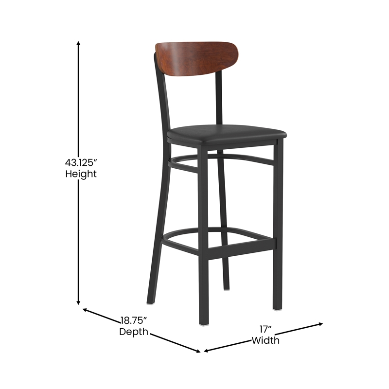 Pemberly Row Metal Barstool with Seat and Wood Boomerang Back in Black/Walnut