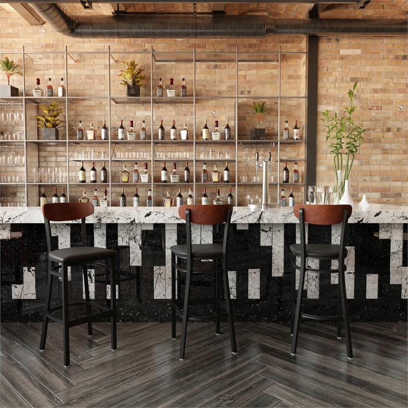 Pemberly Row Metal Barstool with Seat and Wood Boomerang Back in Black/Walnut