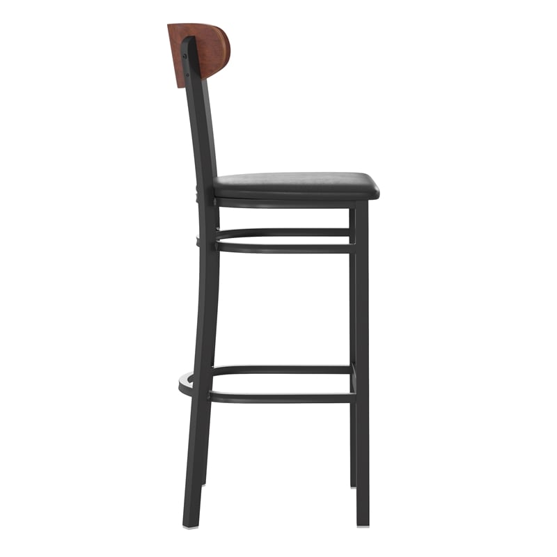 Pemberly Row Metal Barstool with Seat and Wood Boomerang Back in Black/Walnut