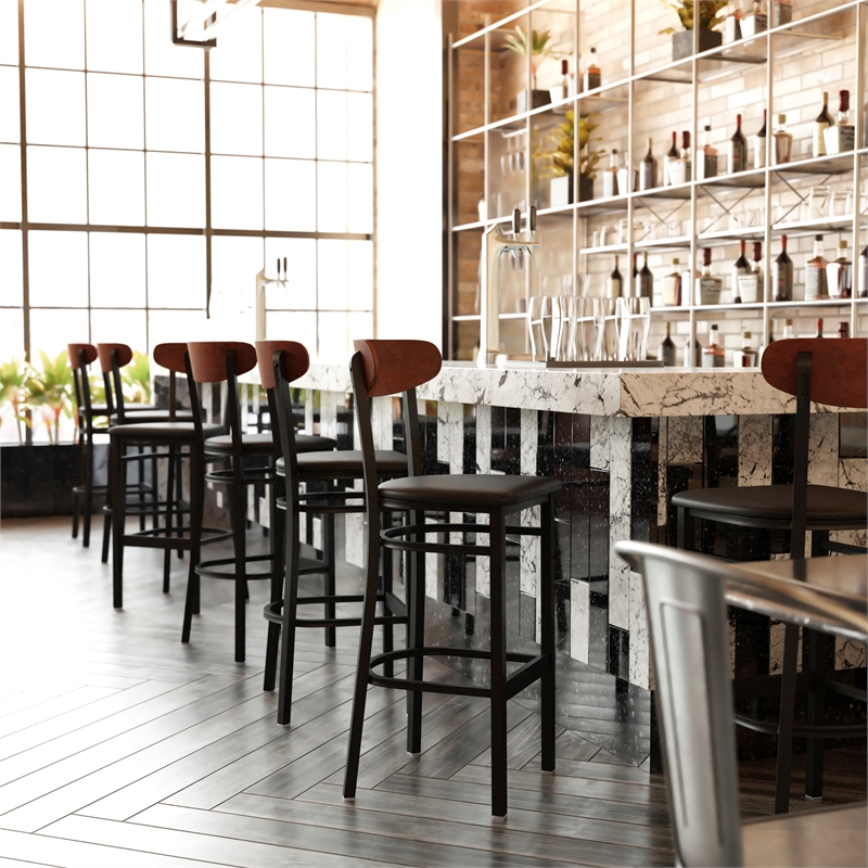 Pemberly Row Metal Barstool with Seat and Wood Boomerang Back in Black/Walnut