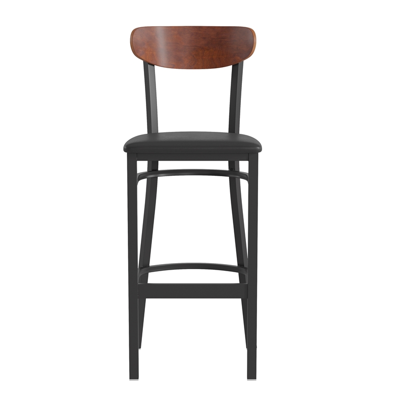 Pemberly Row Metal Barstool with Seat and Wood Boomerang Back in Black/Walnut