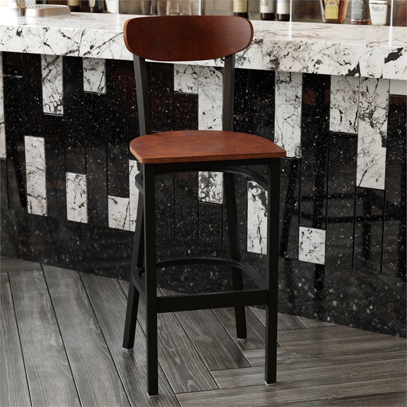 Pemberly Row Metal Barstool with Wood Seat and Boomerang Back in Walnut