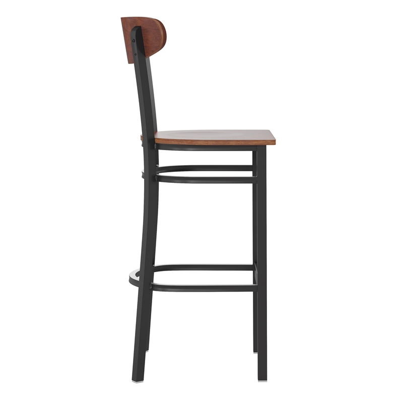 Pemberly Row Metal Barstool with Wood Seat and Boomerang Back in Walnut