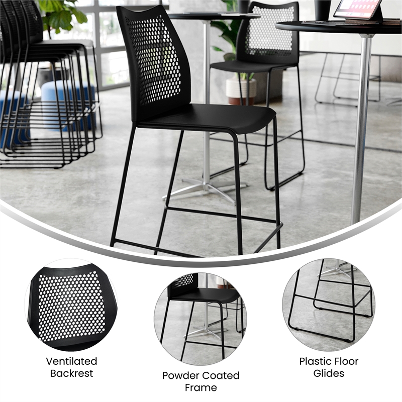 Pemberly Row Stackable Sled Base Barstool with Vented Back and Footrest in Black