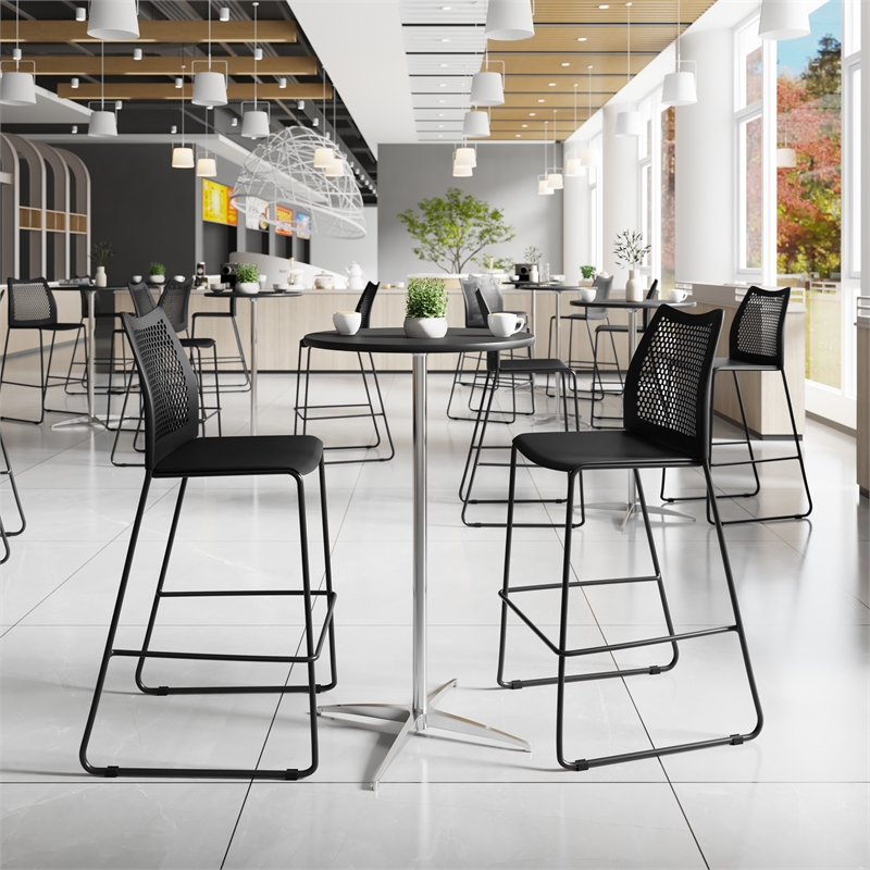 Pemberly Row Stackable Sled Base Barstool with Vented Back and Footrest in Black