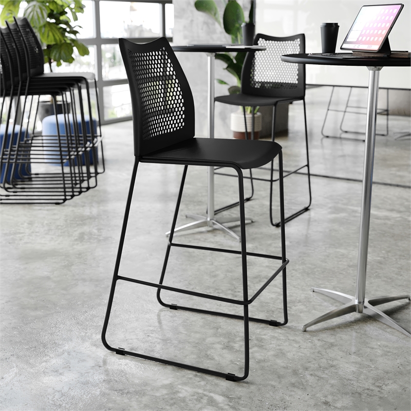 Pemberly Row Stackable Sled Base Barstool with Vented Back and Footrest in Black