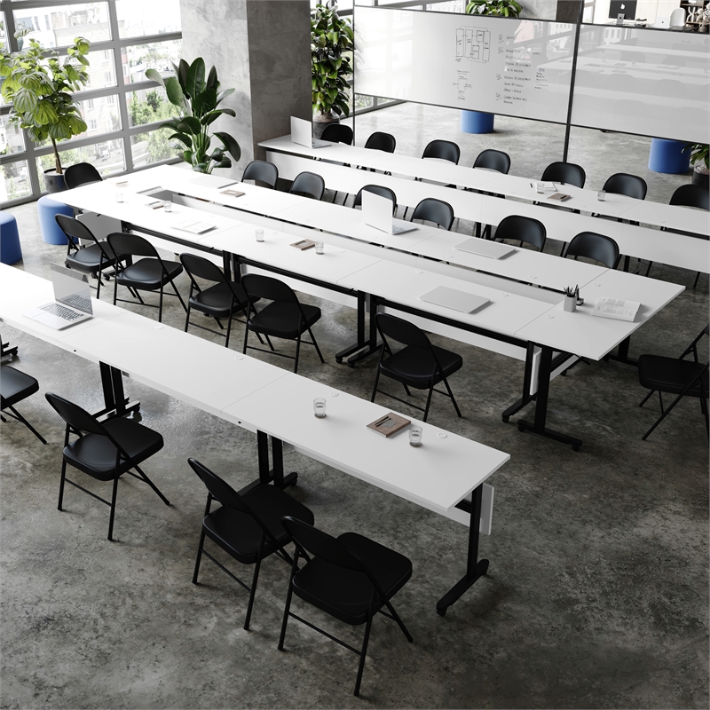 Pemberly Row Nesting Flip Training Table with Steel Frame & T-Legs - White/Black