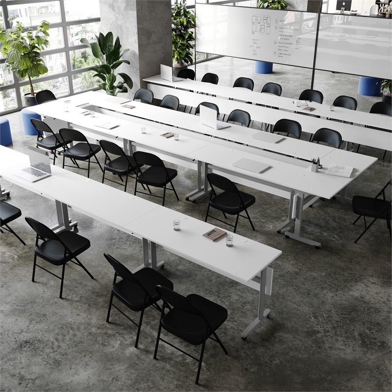Pemberly Row Nesting Flip Training Table with Steel Frame & T-Legs in White/Gray