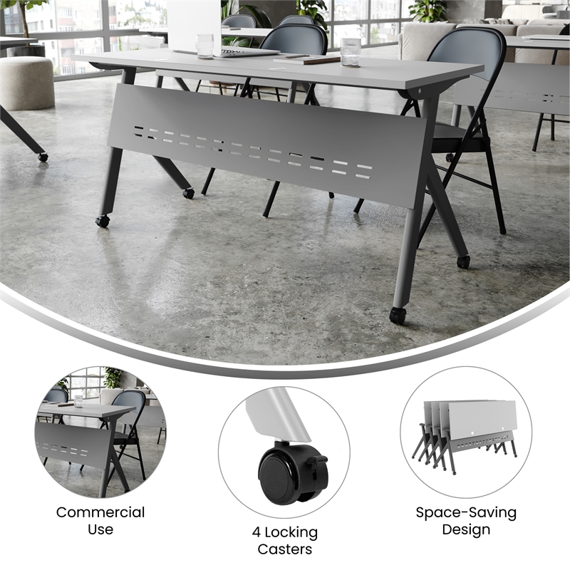 Pemberly Row Nesting Flip Training Table with Steel Frame and Y-Legs in Gray