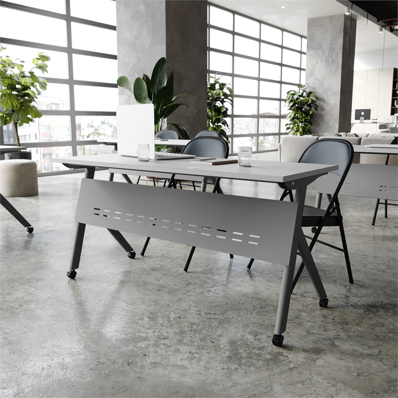 Pemberly Row Nesting Flip Training Table with Steel Frame and Y-Legs in Gray