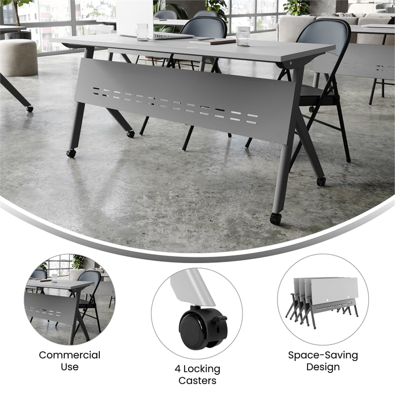 Pemberly Row Nesting Flip Training Table with Steel Frame and Y-Legs in Gray