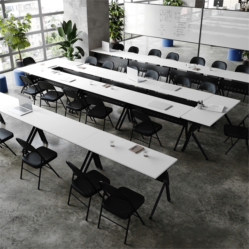Pemberly Row Nesting Flip Training Table with Steel Frame & Y-Legs - White/Black