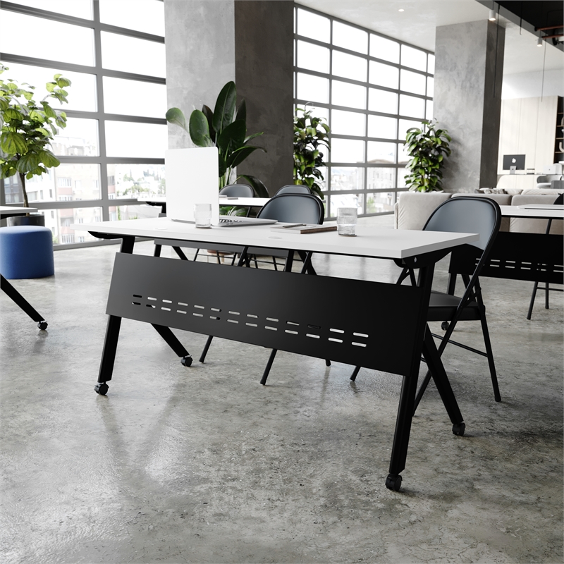 Pemberly Row Nesting Flip Training Table with Steel Frame & Y-Legs - White/Black