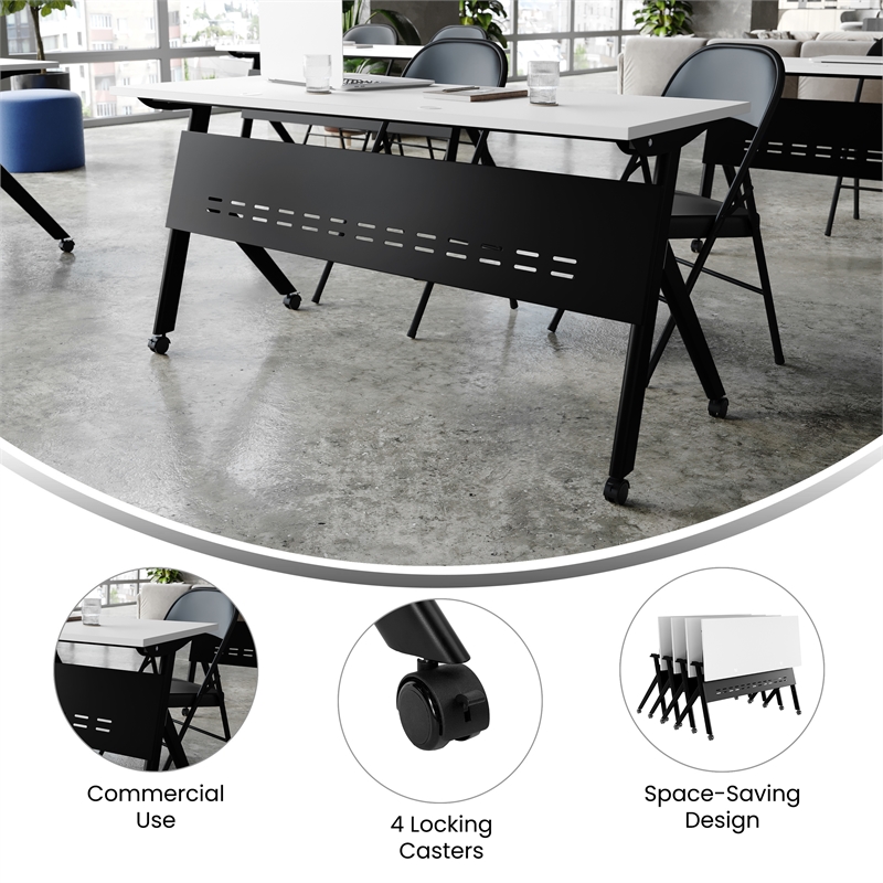 Pemberly Row Nesting Flip Training Table with Steel Frame & Y-Legs - White/Black