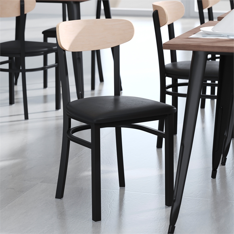 Pemberly Row Metal Dining Chair with Seat & Wood Boomerang Back in Black/Natural