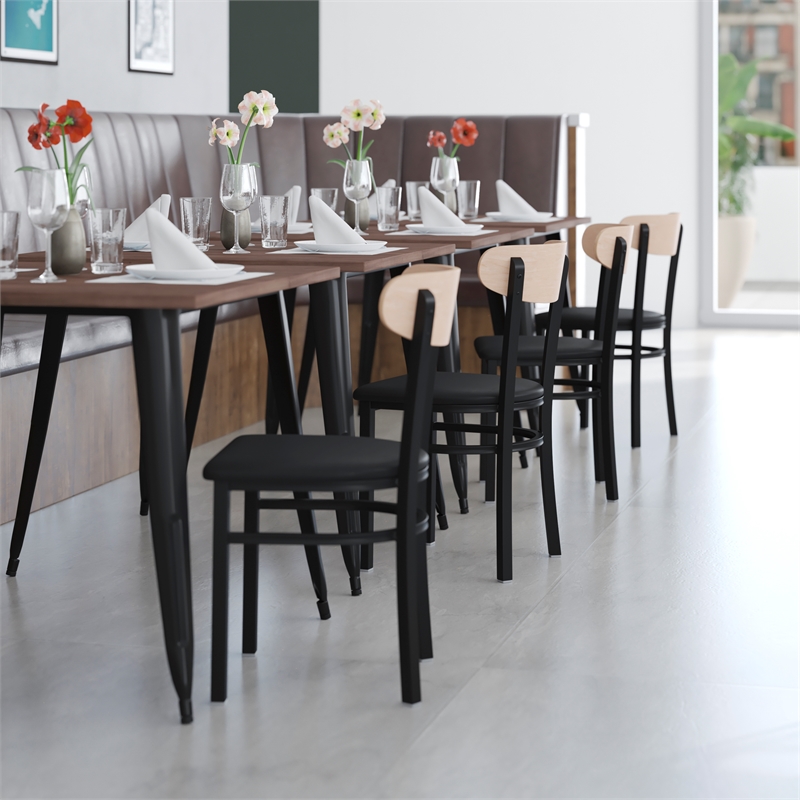 Pemberly Row Metal Dining Chair with Seat & Wood Boomerang Back in Black/Natural