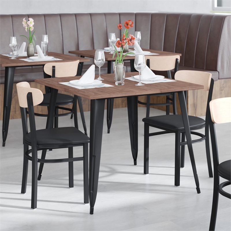 Pemberly Row Metal Dining Chair with Seat & Wood Boomerang Back in Black/Natural
