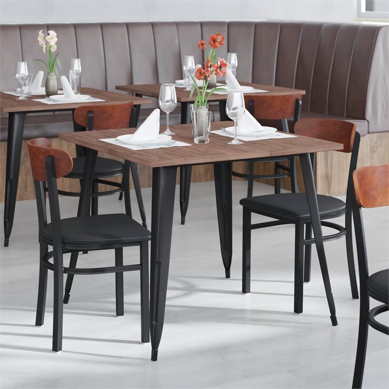 Pemberly Row Metal Dining Chair with Seat & Wood Boomerang Back in Black/Walnut