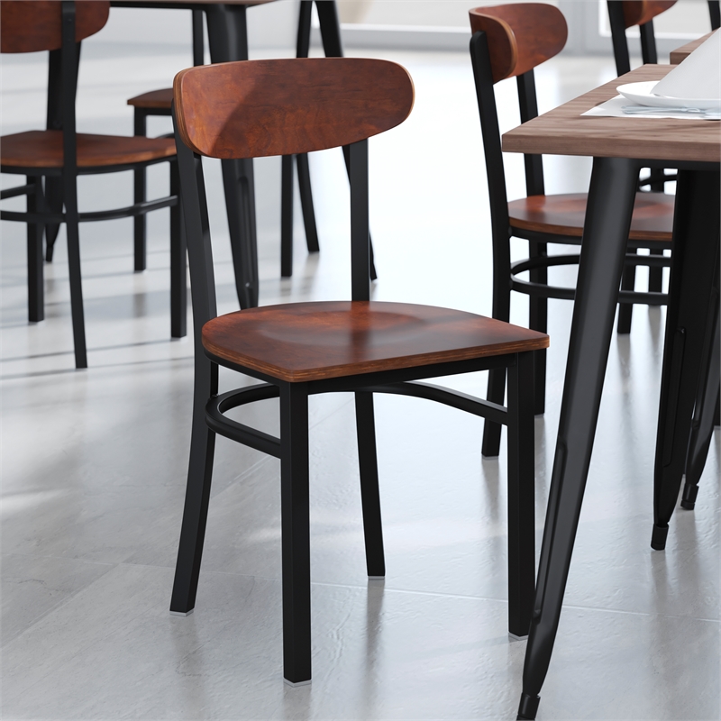 Pemberly Row Metal Dining Chair with Wood Seat and Boomerang Back in Walnut