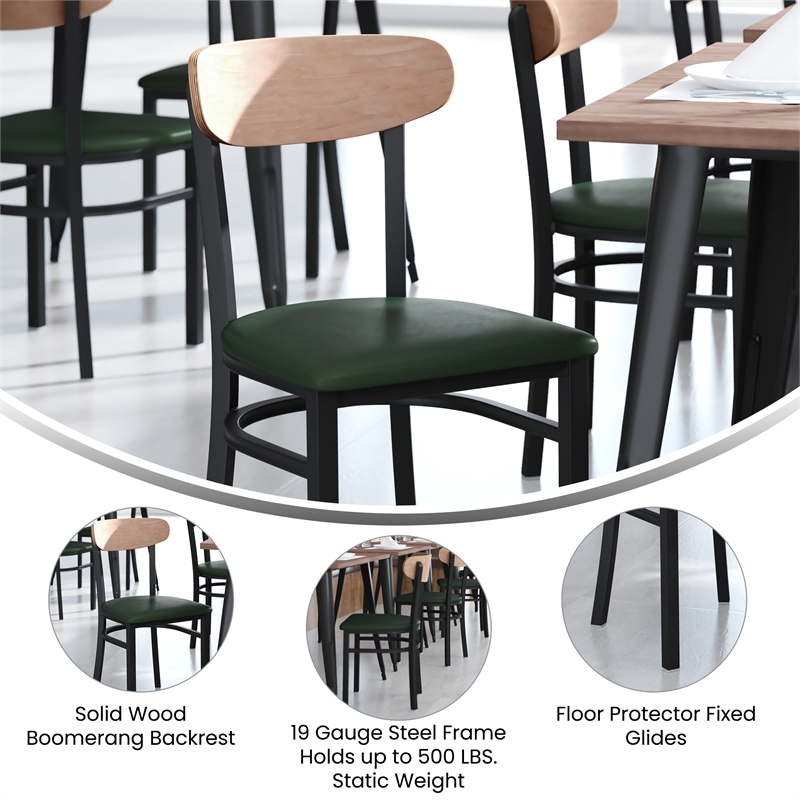Pemberly Row Metal Dining Chair with Seat & Wood Boomerang Back in Green/Natural