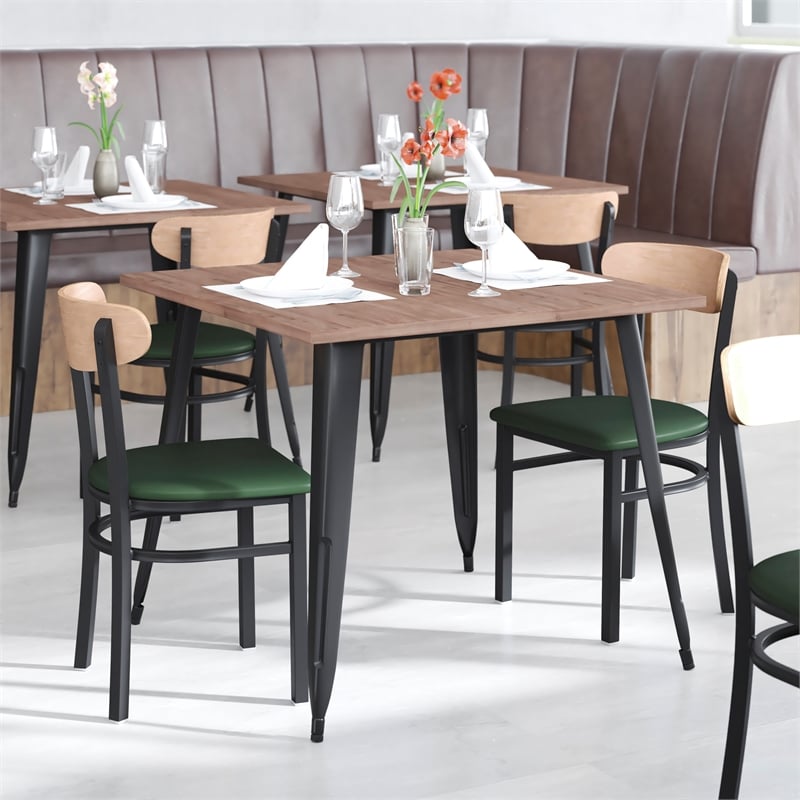 Pemberly Row Metal Dining Chair with Seat & Wood Boomerang Back in Green/Natural