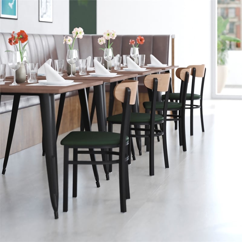 Pemberly Row Metal Dining Chair with Seat & Wood Boomerang Back in Green/Natural