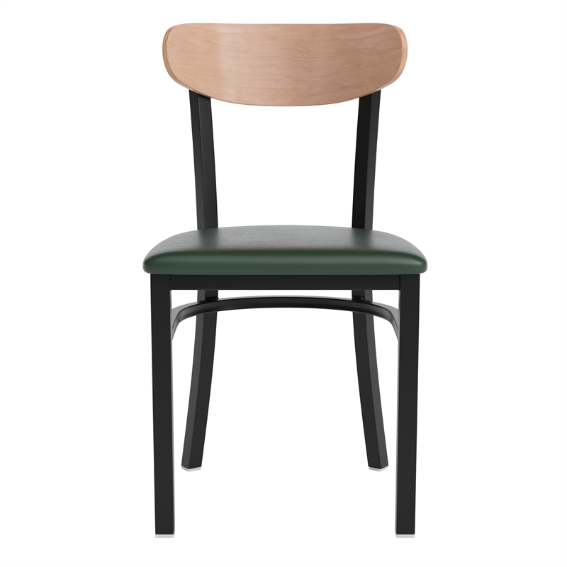 Pemberly Row Metal Dining Chair with Seat & Wood Boomerang Back in Green/Natural