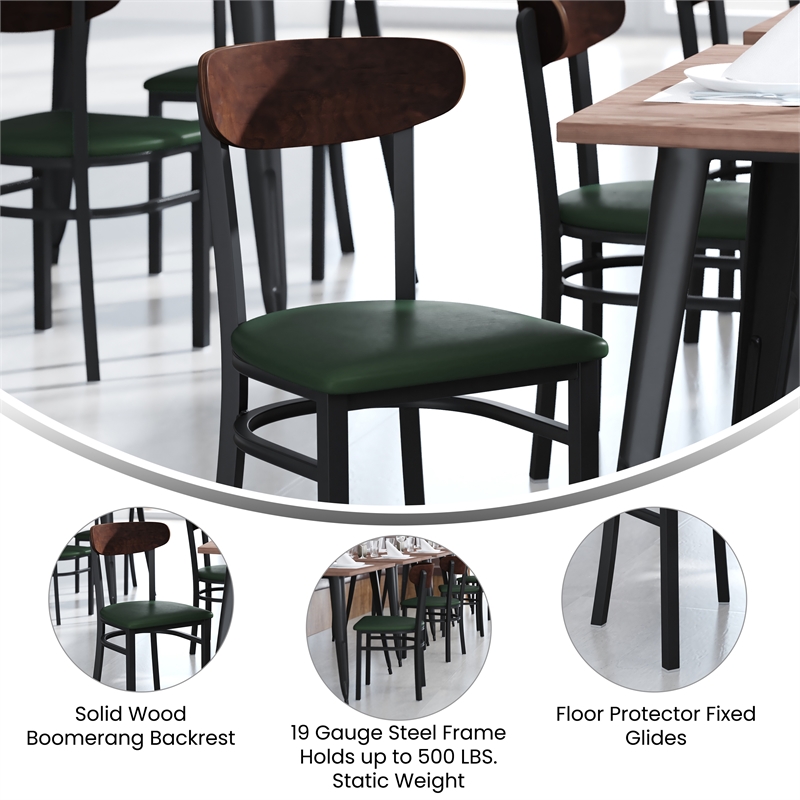 Pemberly Row Metal Dining Chair with Seat & Wood Boomerang Back in Green/Walnut