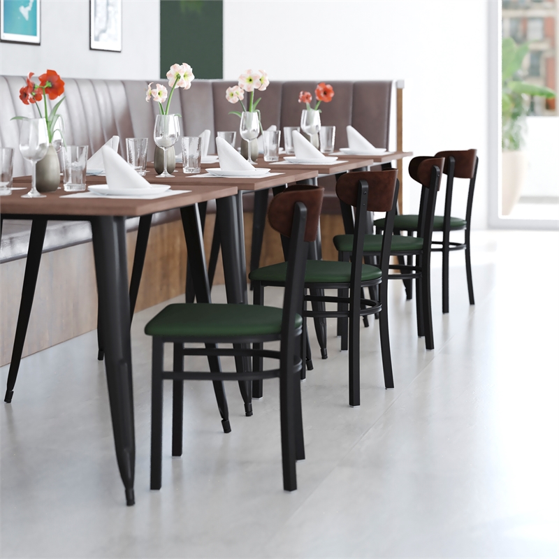 Pemberly Row Metal Dining Chair with Seat & Wood Boomerang Back in Green/Walnut