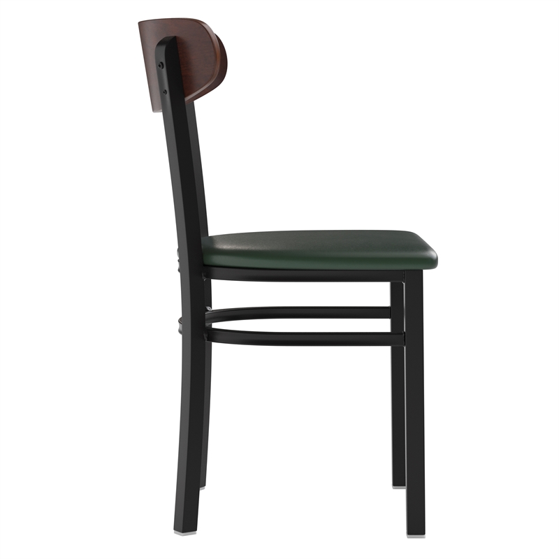 Pemberly Row Metal Dining Chair with Seat & Wood Boomerang Back in Green/Walnut