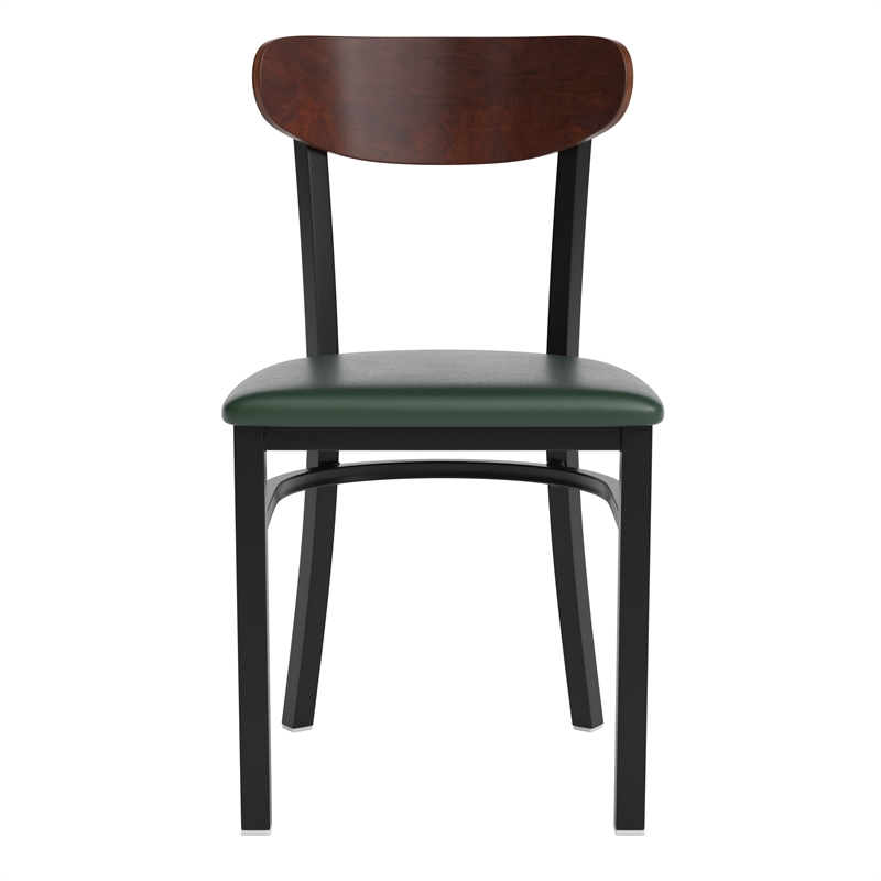 Pemberly Row Metal Dining Chair with Seat & Wood Boomerang Back in Green/Walnut