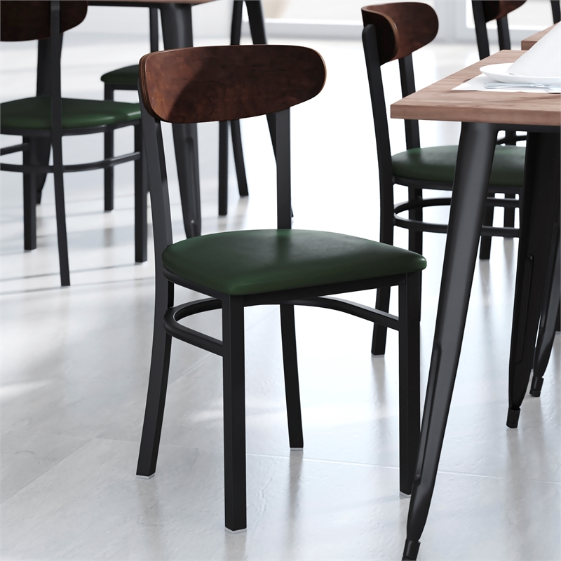 Pemberly Row Metal Dining Chair with Seat & Wood Boomerang Back in Green/Walnut