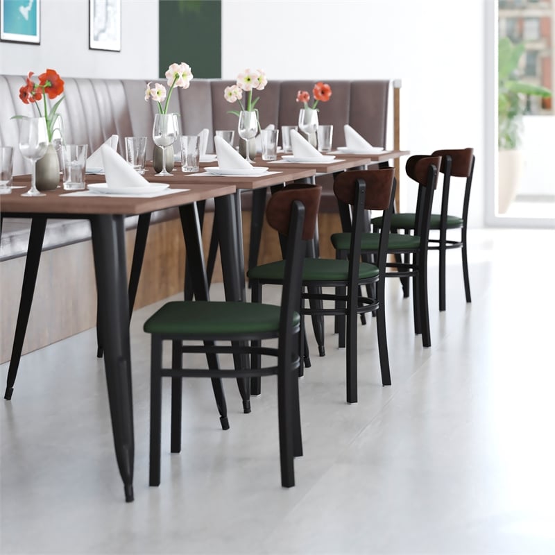 Pemberly Row Metal Dining Chair with Seat & Wood Boomerang Back in Green/Walnut