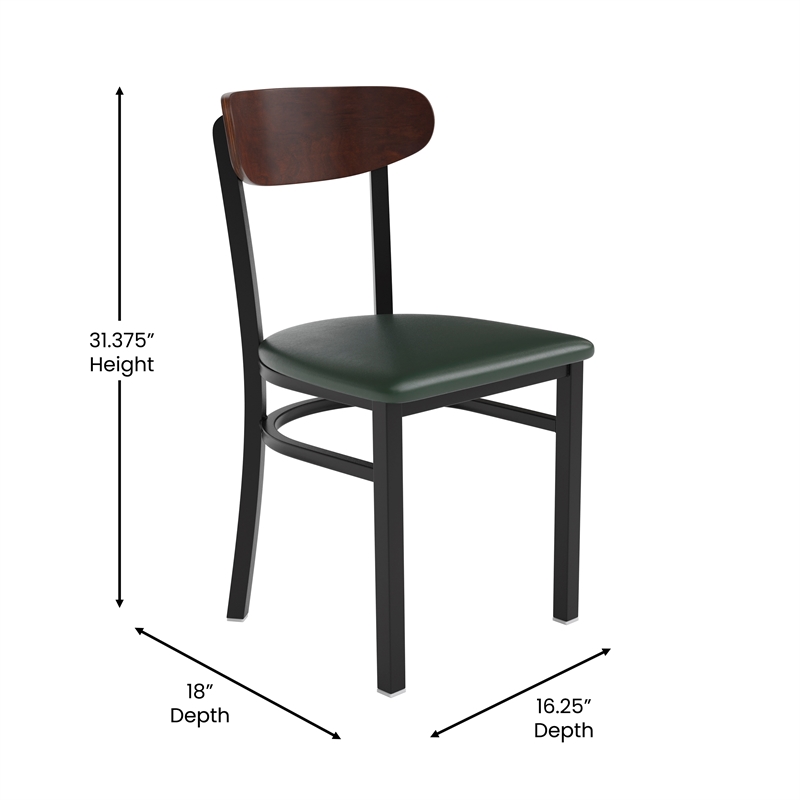 Pemberly Row Metal Dining Chair with Seat & Wood Boomerang Back in Green/Walnut