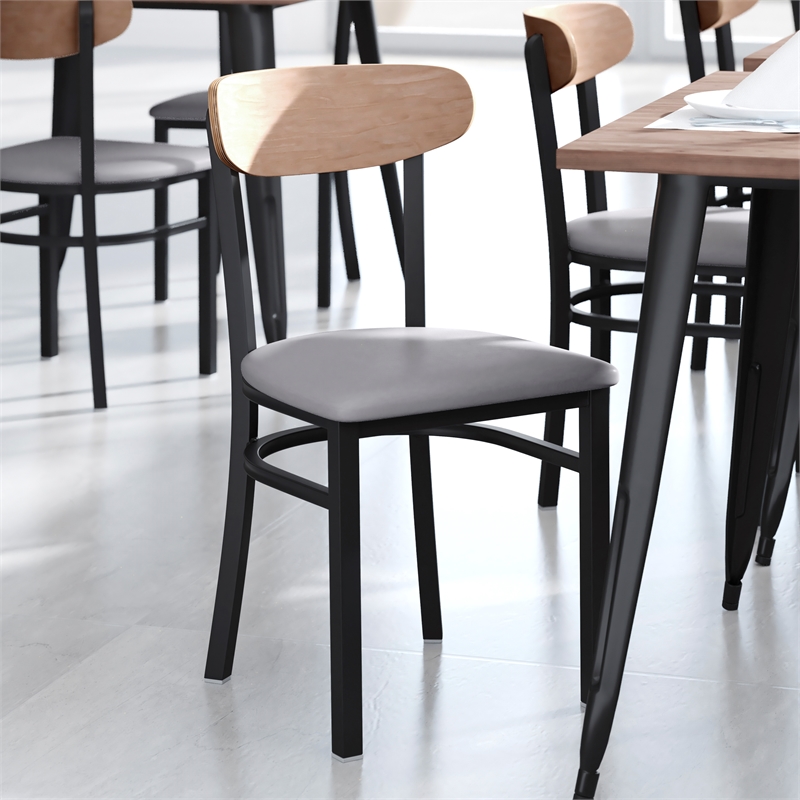 Pemberly Row Metal Dining Chair with Seat & Wood Boomerang Back in Gray/Natural