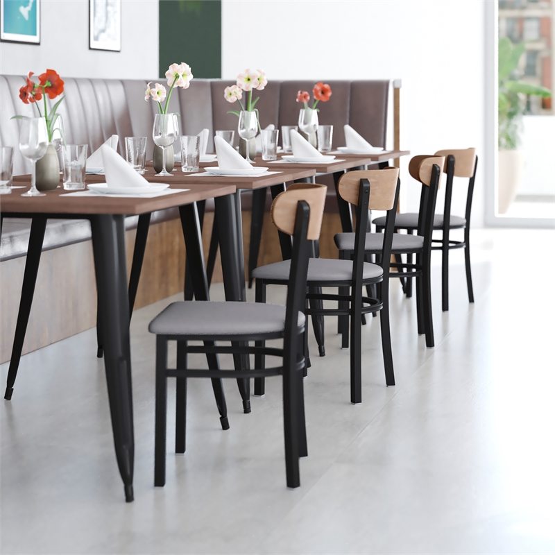 Pemberly Row Metal Dining Chair with Seat & Wood Boomerang Back in Gray/Natural