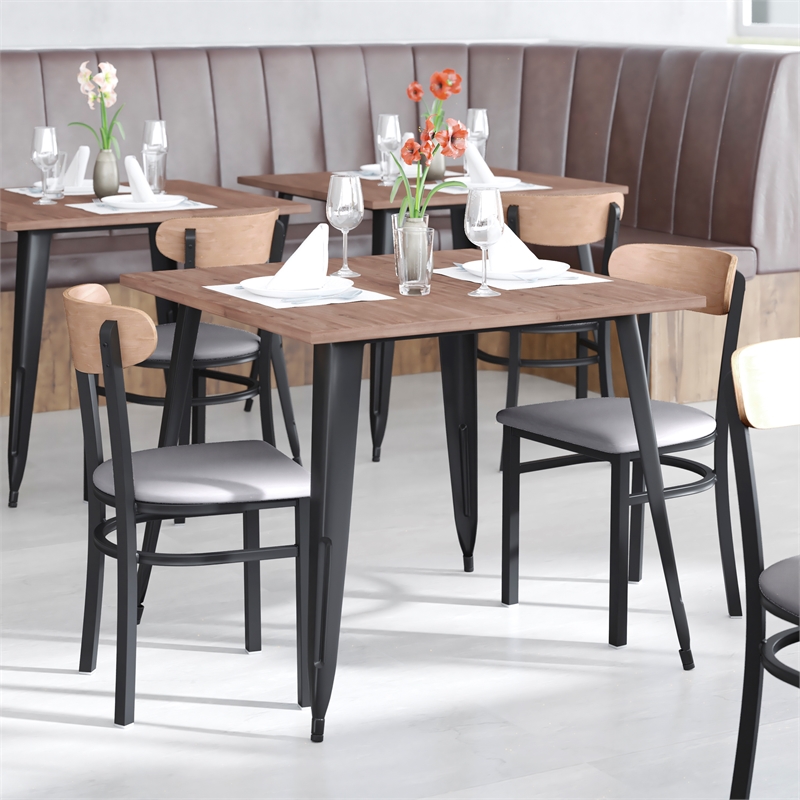 Pemberly Row Metal Dining Chair with Seat & Wood Boomerang Back in Gray/Natural
