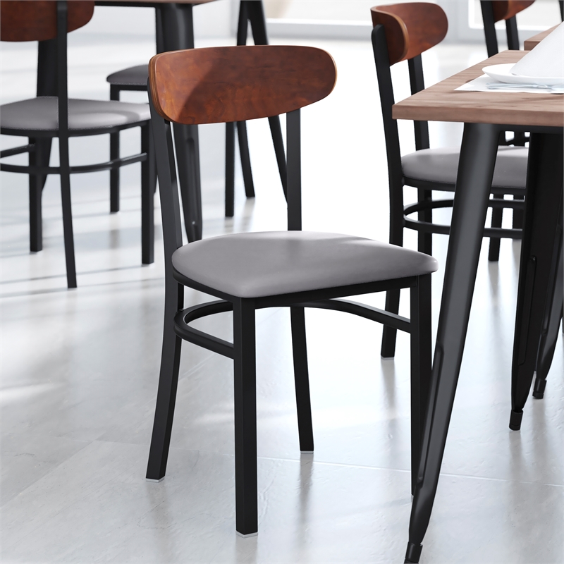 Pemberly Row Metal Dining Chair with Seat and Wood Boomerang Back in Gray/Walnut