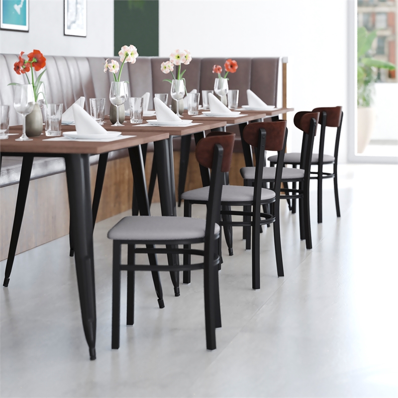 Pemberly Row Metal Dining Chair with Seat and Wood Boomerang Back in Gray/Walnut