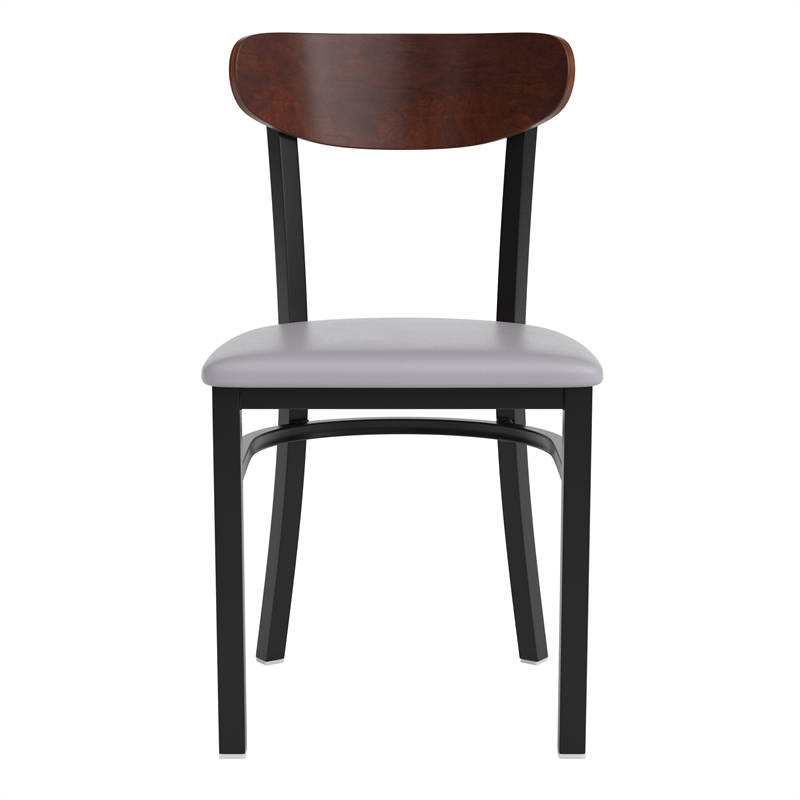 Pemberly Row Metal Dining Chair with Seat and Wood Boomerang Back in Gray/Walnut