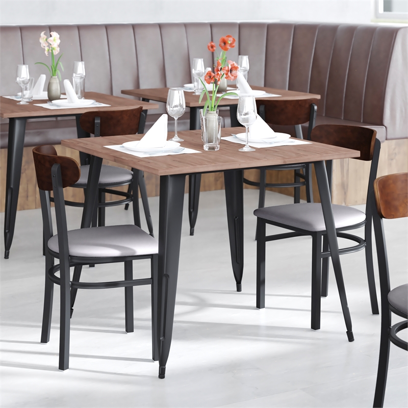 Pemberly Row Metal Dining Chair with Seat and Wood Boomerang Back in Gray/Walnut