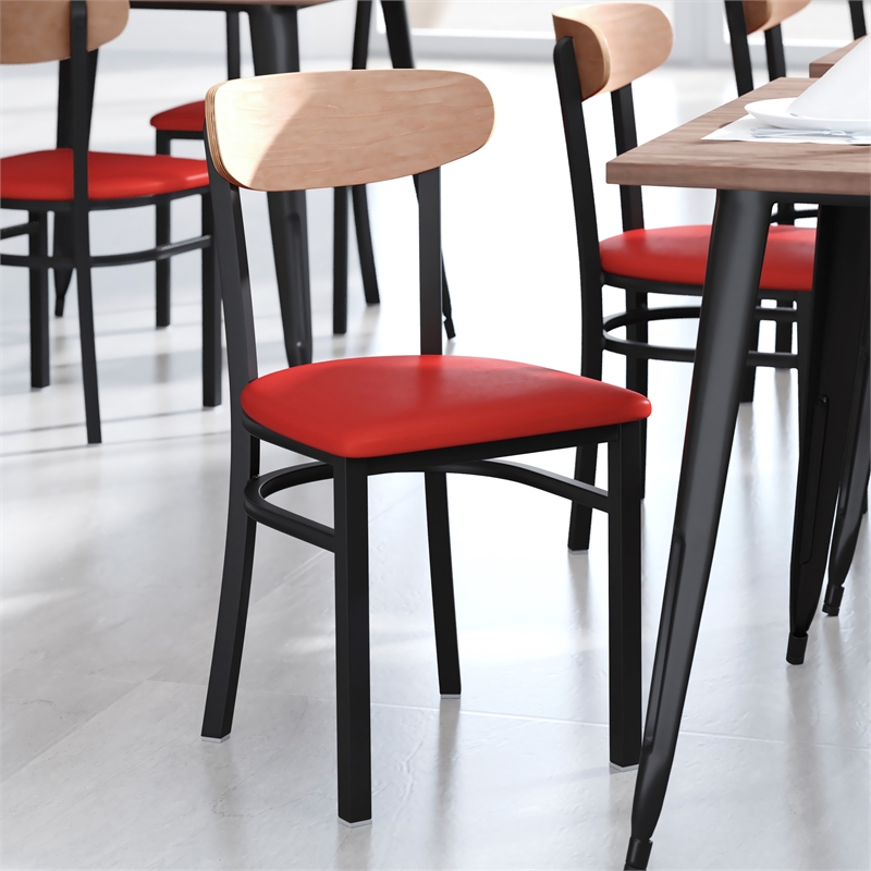 Pemberly Row Metal Dining Chair with Seat and Wood Boomerang Back in Red/Natural