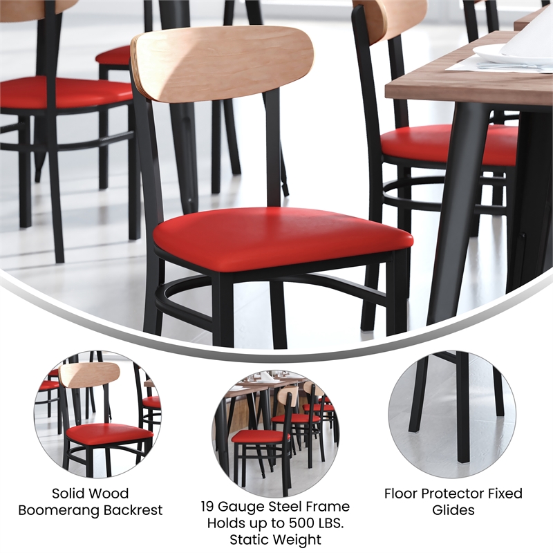 Pemberly Row Metal Dining Chair with Seat and Wood Boomerang Back in Red/Natural