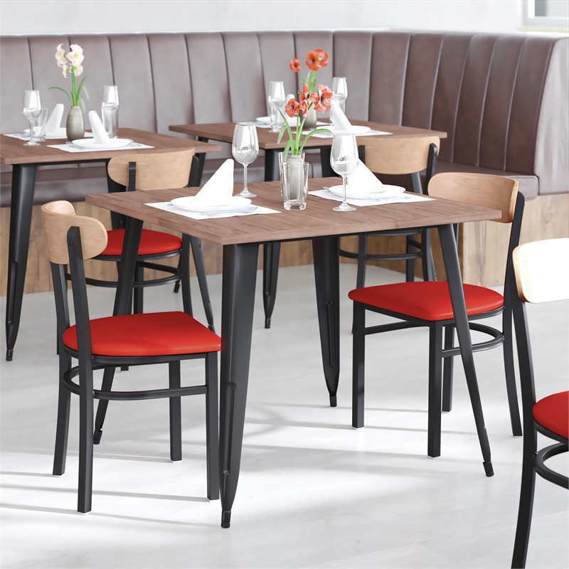 Pemberly Row Metal Dining Chair with Seat and Wood Boomerang Back in Red/Natural