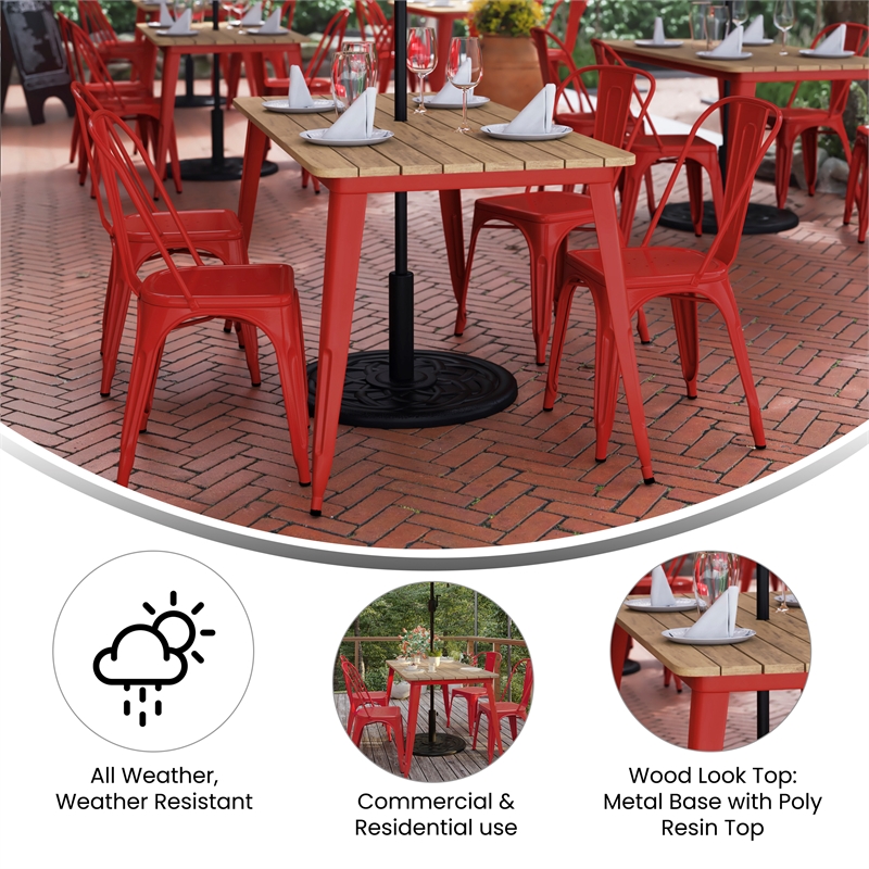 Pemberly Row 30x60 Poly Resin Restaurant Table with Umbrella Hole in Brown/Red