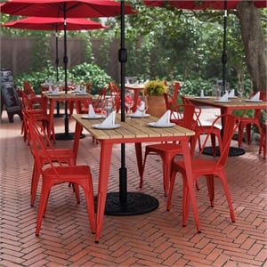 Pemberly Row 30x60 Poly Resin Restaurant Table with Umbrella Hole in Brown/Red