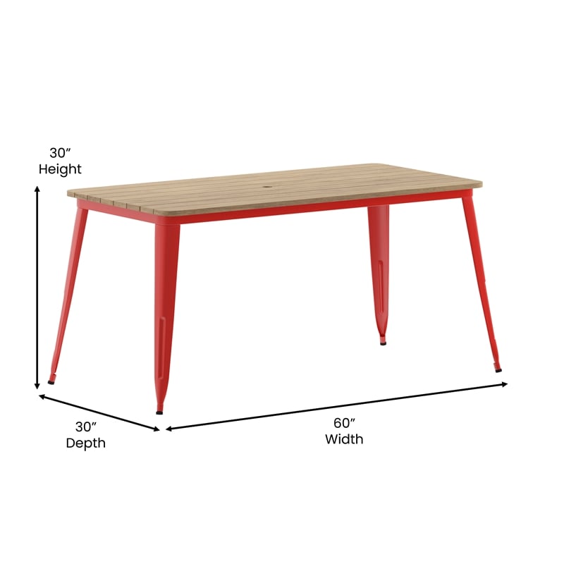 Pemberly Row 30x60 Poly Resin Restaurant Table with Umbrella Hole in Brown/Red