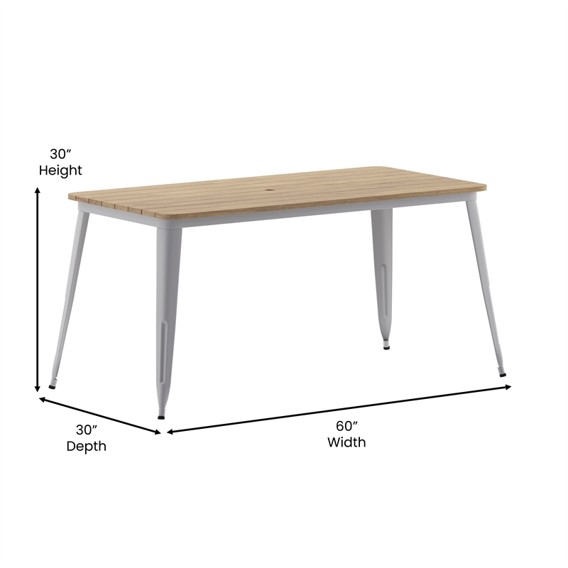 Pemberly Row 30x60 Poly Resin Restaurant Table with Umbrella Hole - Brown/Silver