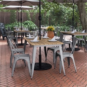 Pemberly Row 30x60 Poly Resin Restaurant Table with Umbrella Hole - Brown/Silver